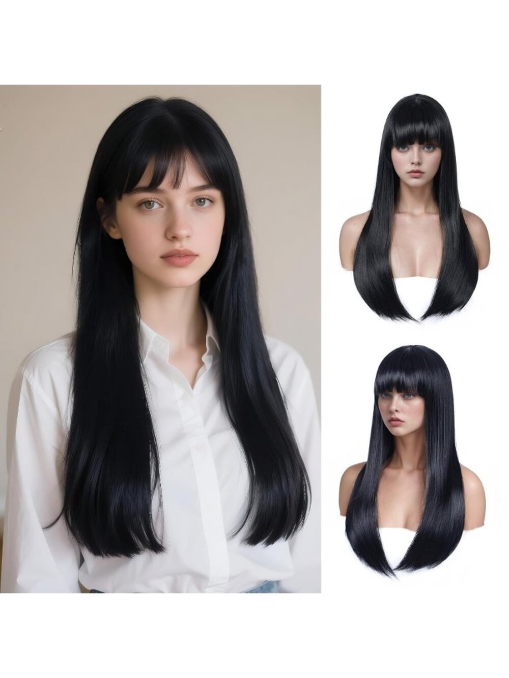 Women's Black 24 Inch Heat Resistant Synthetic Long Straight Bangs Wig